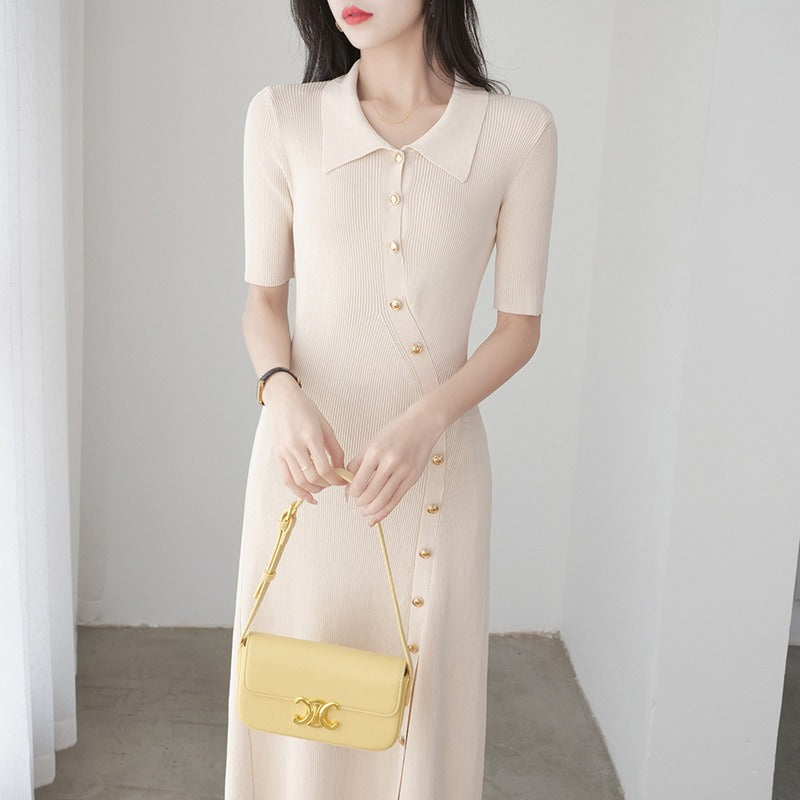 French Knitted Dress Women's Summer New Polo Neck Sexy Split Long Dress - 2bazar4