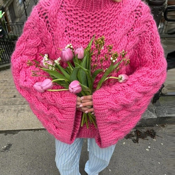 European and American women's INS popular round neck flared sleeve knitted loose sweater - 2bazar4