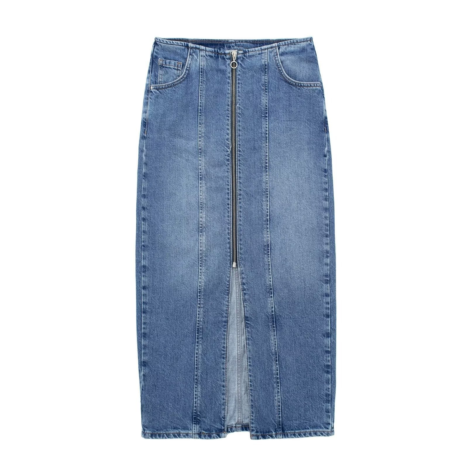 VGH Solid Patchwork Pockets Casual Denim Skirts For Women High Waist Spliced Zipper Split Bodycon Skirt Female Fashion Clothing - 2bazar4