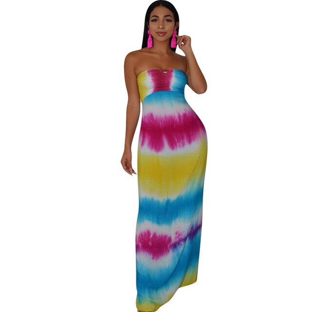 Women Summer Strapless Tie Dye Stripe Print Lace Up Hollow Out Back Maxi Dress Bohemian Elegant Long Beach Dresses Vestidos - 2bazar4