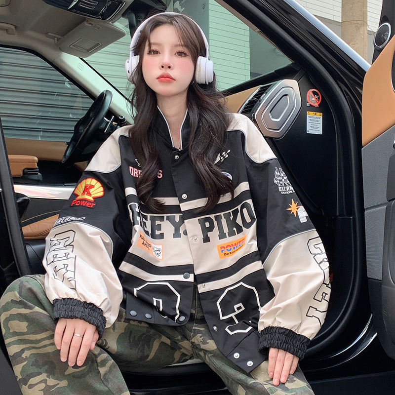 American retro motorcycle baseball uniform, autumn loose jacket, women's streetwear style, racing trend - 2bazar4