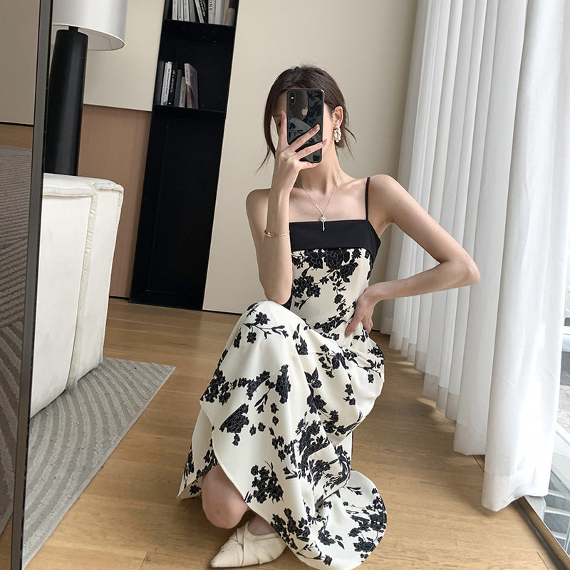 Floral Dress Summer Dress New French Style Waist Slim Temperament Goddess Fan Suspender Skirt Women - 2bazar4