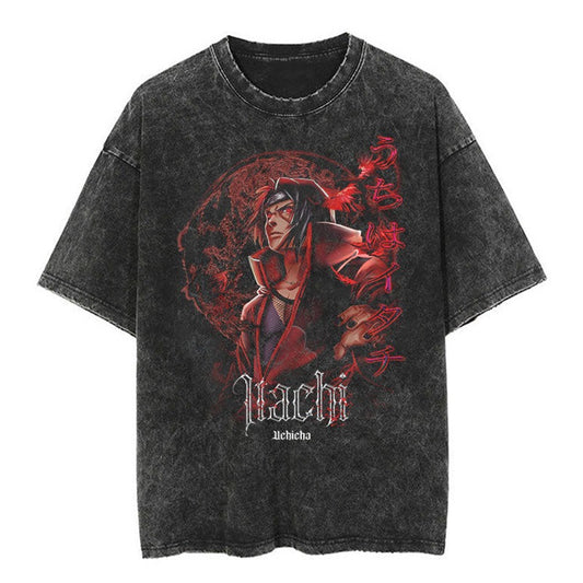 New Japanese Classic Naruto Anime Oversize High Street Vintage Washed Wax Dyed Short Sleeve T-shirt - 2bazar4