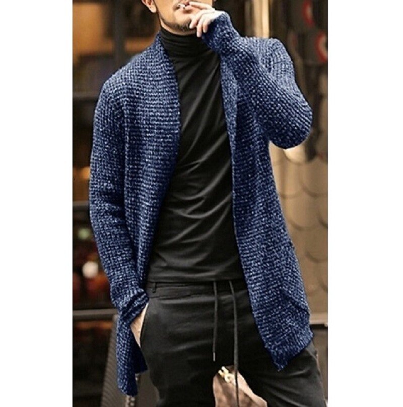 Knitted Cardigan Sweater Men Autumn Mens Long Sweater Jacket Casual Slim Fit Trench Knitwear Sweaters Streetwear Tops Gray - 2bazar4