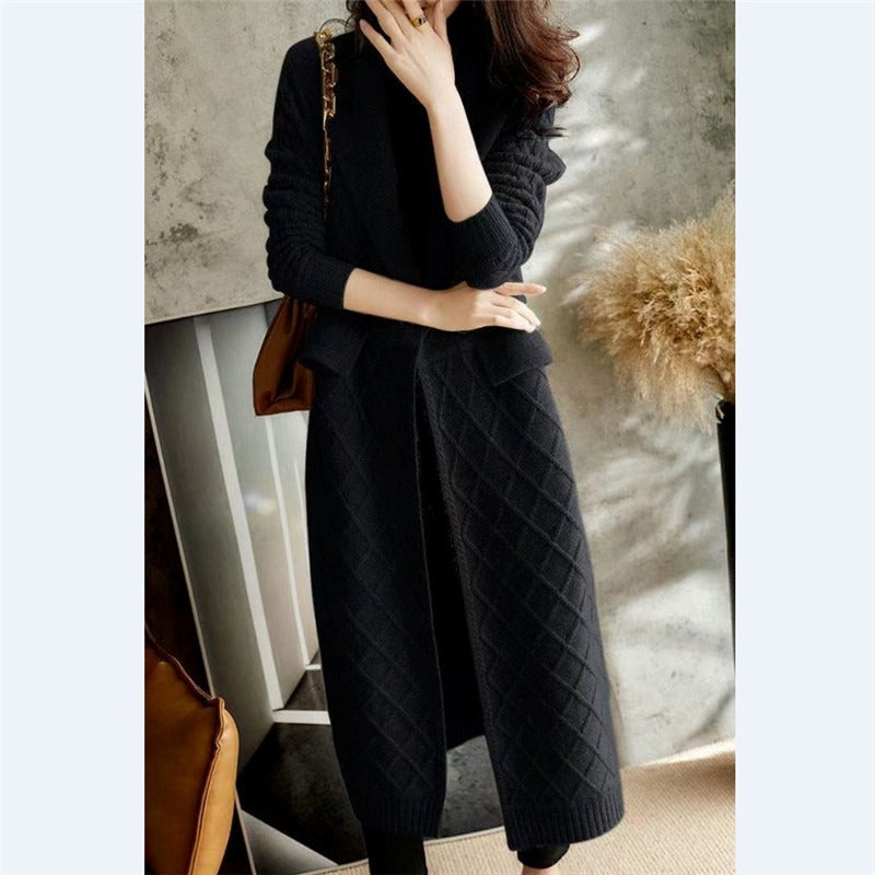 Autumn/Winter Knitted Cardigan Mid length Loose Lapel Solid Color Thickened Sweater - 2bazar4