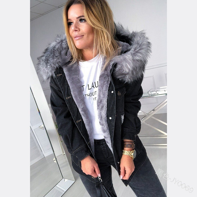 Women's slim fitting cotton jacket and denim jacket with a plush collar - 2bazar4