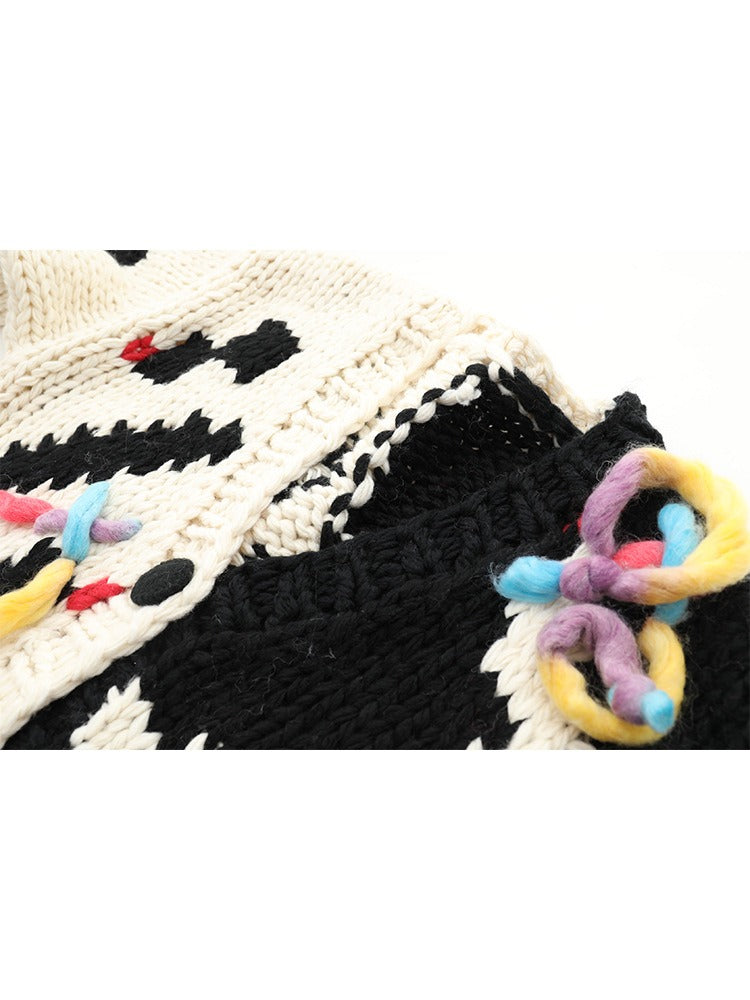 Handmade Needle Hook Flower Color blocked Tassel Thickened V-neck Knitted Cardigan Coat Sweater Top - 2bazar4