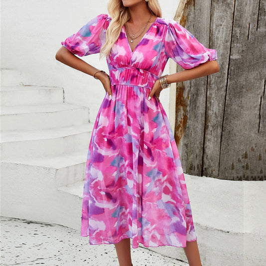 Spring/summer holiday casual print V-neck dress with waist tucked in - 2bazar4
