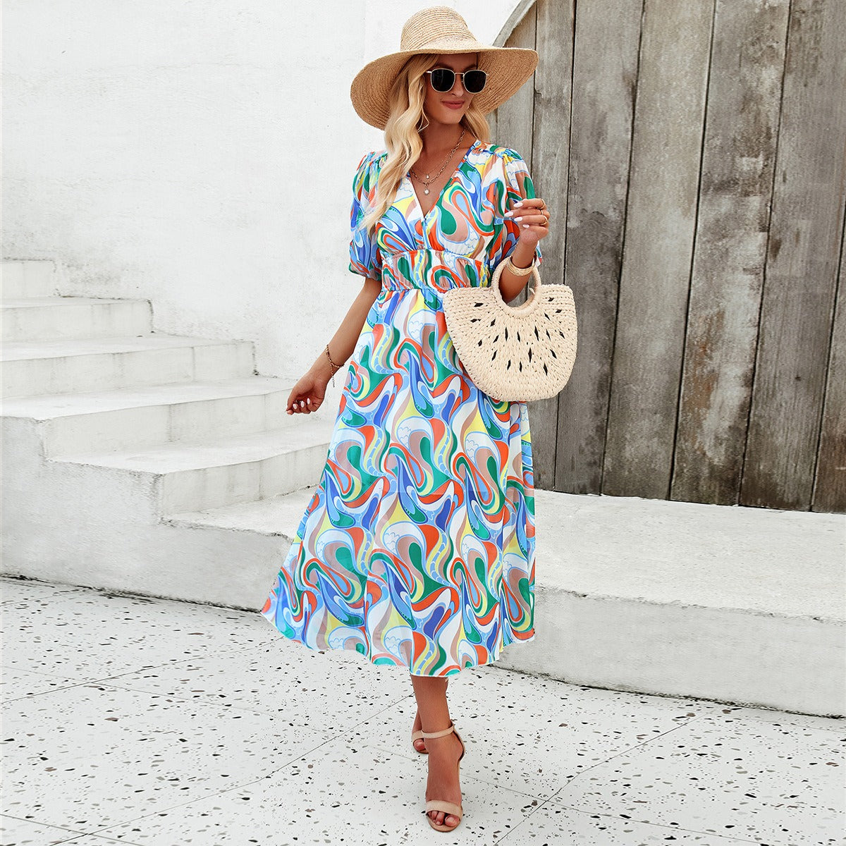 Spring/summer holiday casual print V-neck dress with waist tucked in - 2bazar4