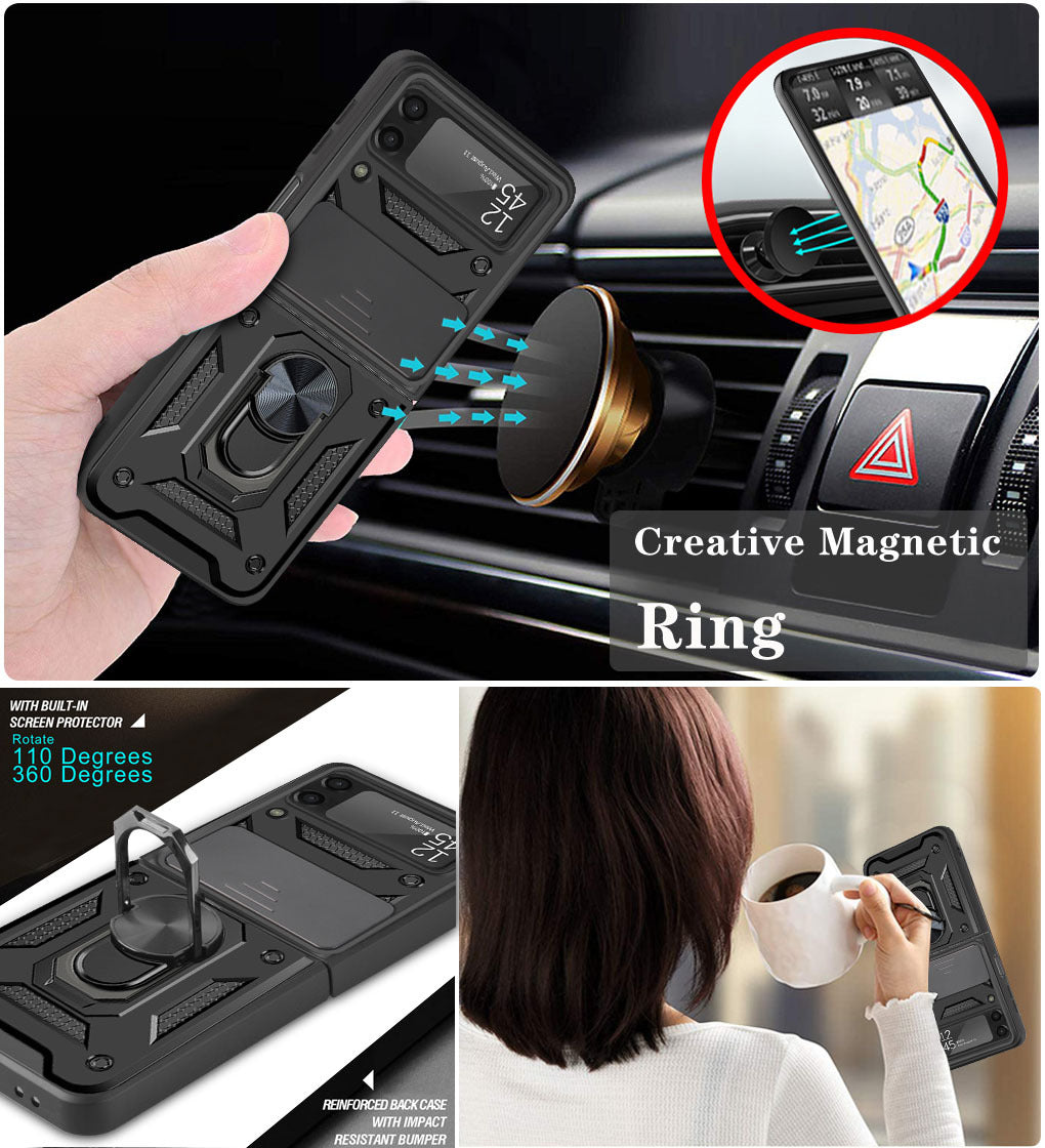 Suitable For Samsung Galaxy Z Flip3 Phone Shell Protective Cover Anti-Fall Magnetic Ring Bracket Mobile Phone Cover - 2bazar4