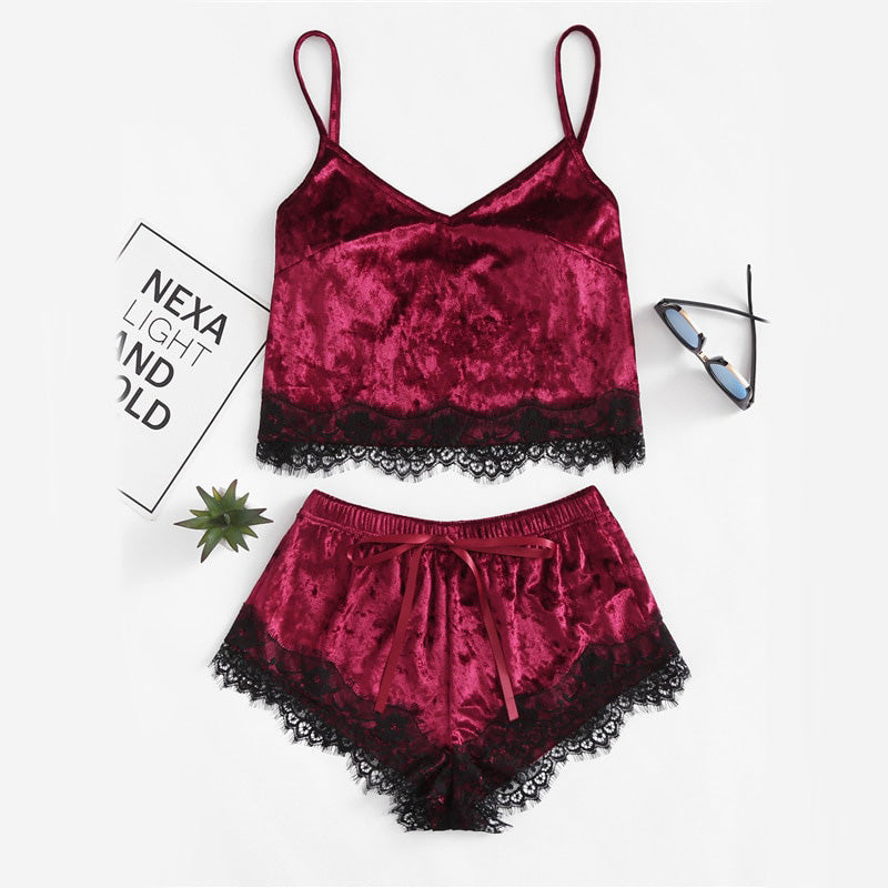 Burgundy Velvet 2 Piece Set Women Eyelash Lace Cami Top With Shorts Set Casual Sleeveless Vintage Two Piece Set - 2bazar4