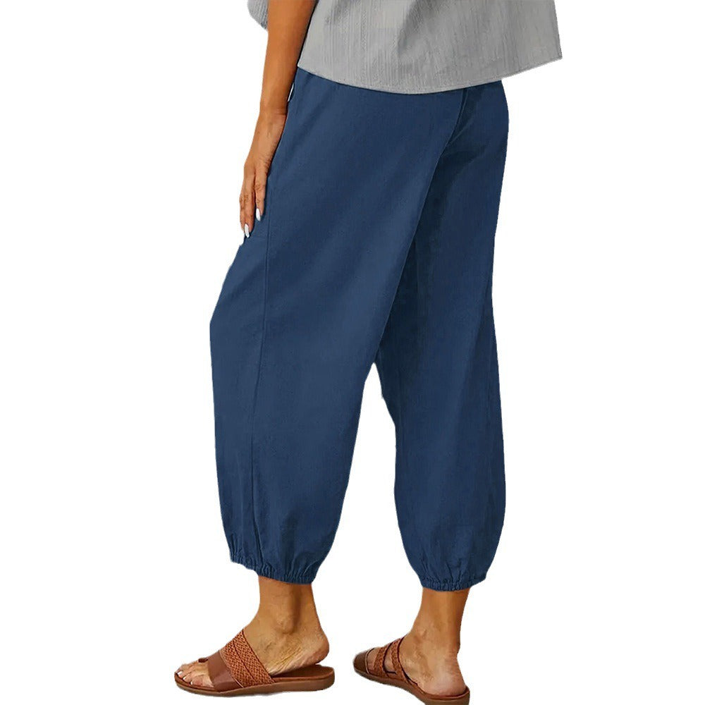 Loose-fitting high-waist buttoned cotton and linen pants nine-point wide-leg women's pants - 2bazar4