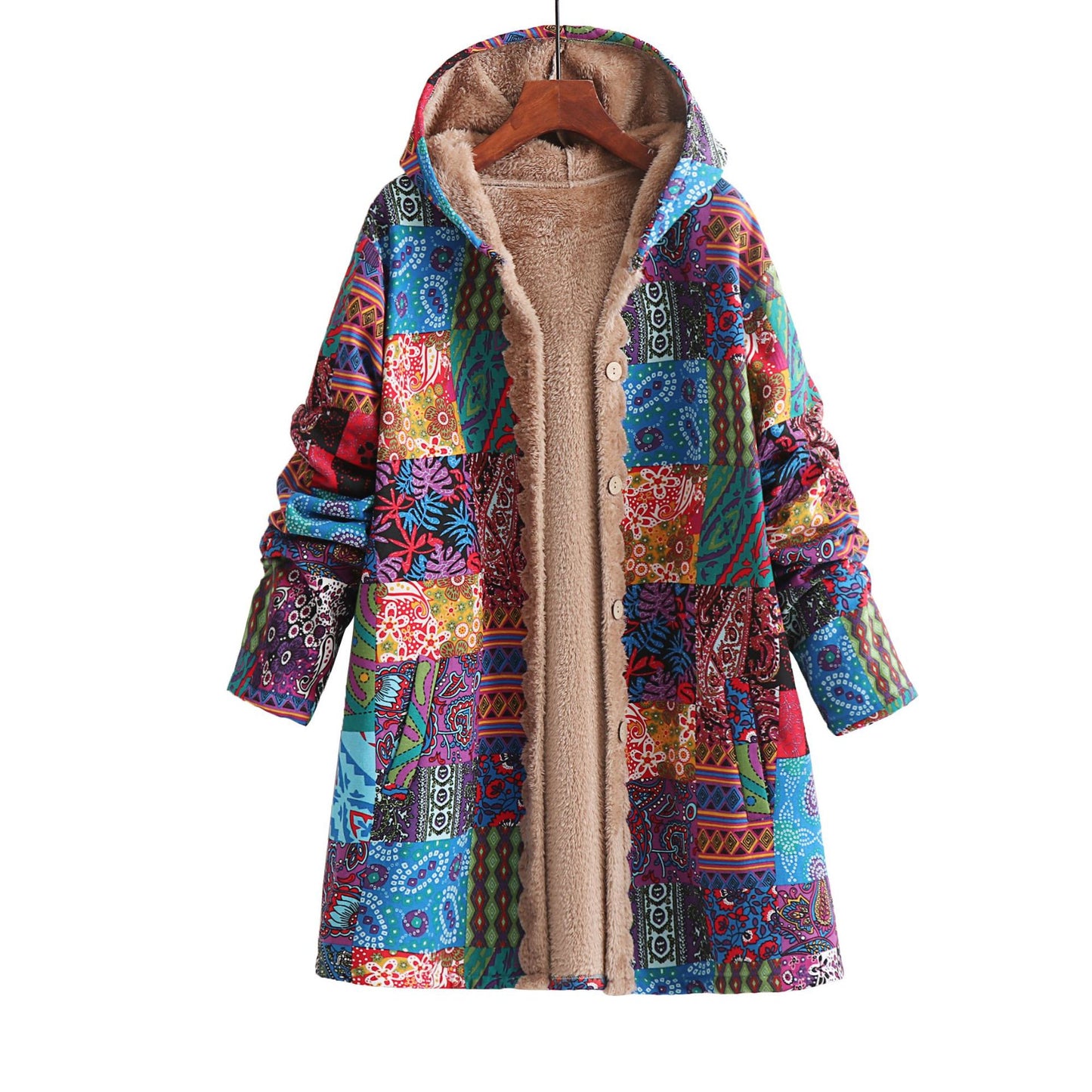 Fashionable Cotton Linen Printed Hoodie Sweatshirt with Fleece Lining for Women Winter Warm Outerwear