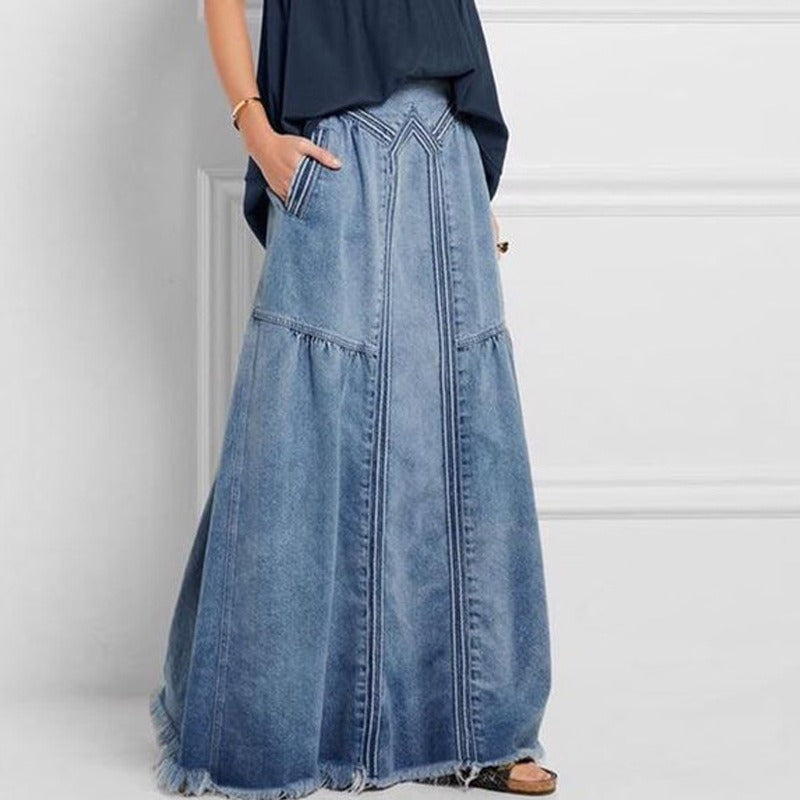 Fashion Street Skirt Summer A Line Denim Skirt Women Autumn Sun Skirt Casual Solid High Waist Women's Long Skirt - 2bazar4
