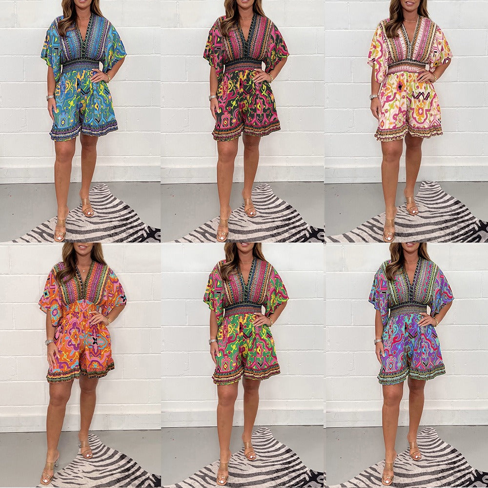 Women's short-sleeved printed V-neck ethnic style jumpsuit - 2bazar4