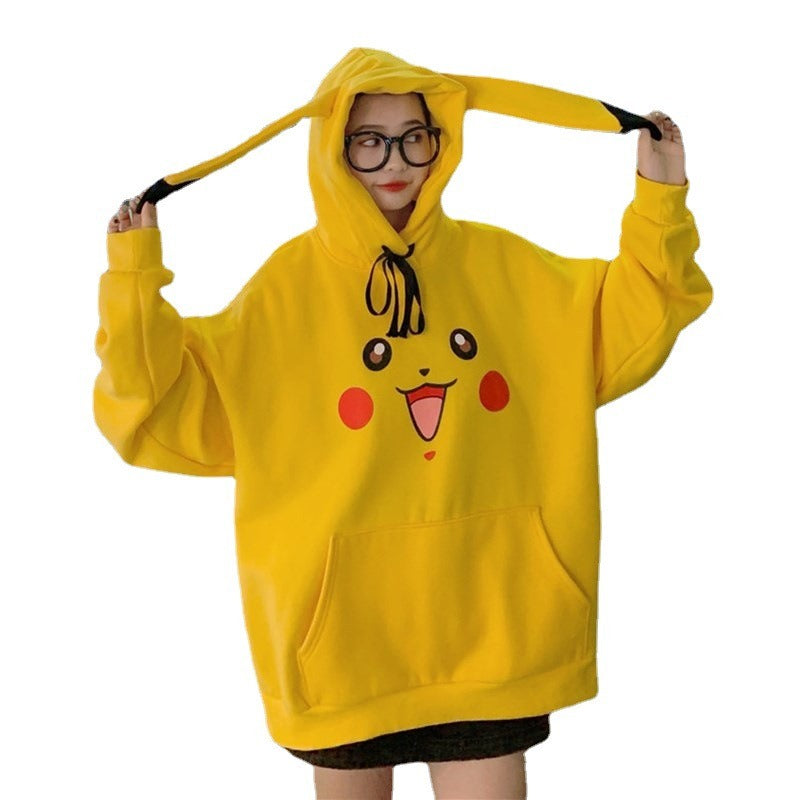 Pikachu Velvet Fleece Sweater Female Students Japanese Anime With Cap Long Section Hooded Jacket eprolo
