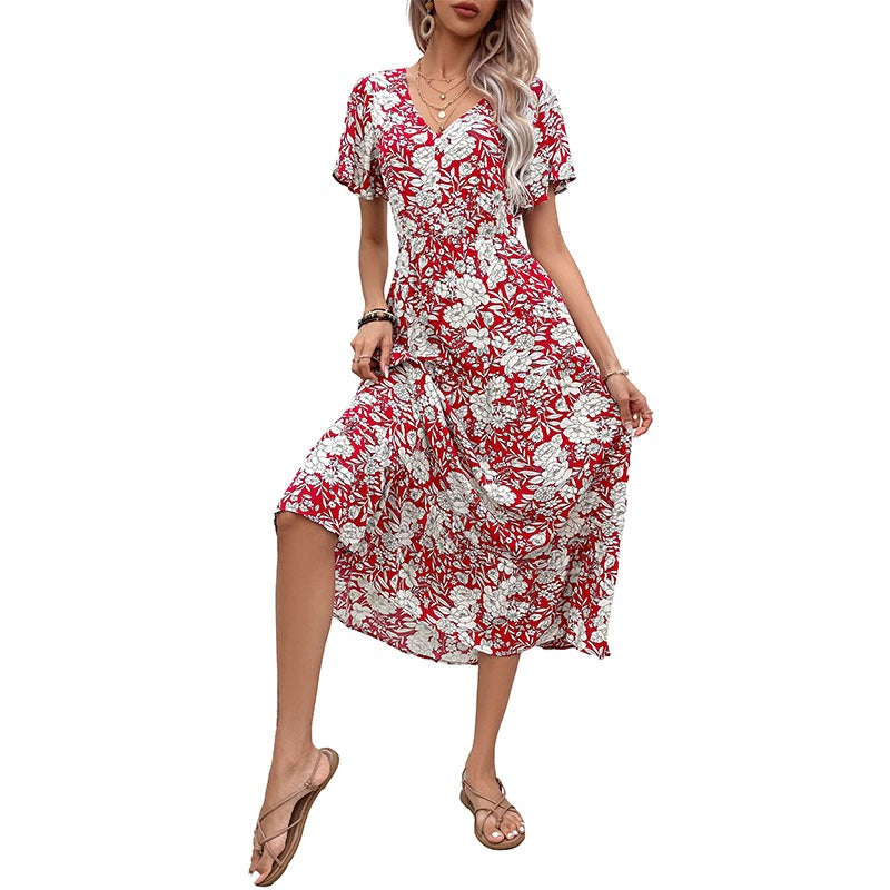 Summer New European and American Fashion Women's Red Print Temperament Dress - 2bazar4