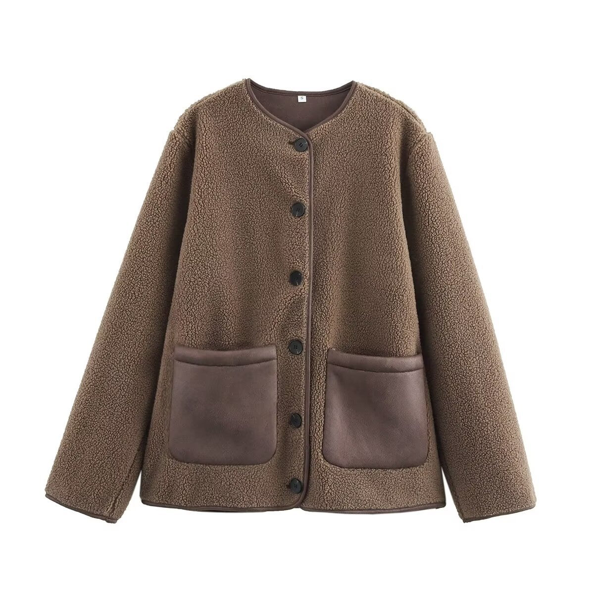 Brown round neck loose lamb plush color blocked fur one-piece coat for women