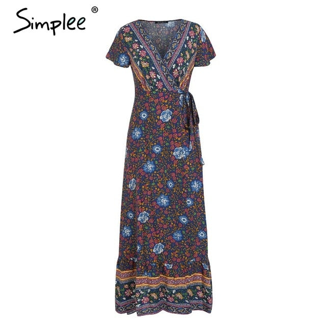 Simplee Vintage floral print summer dress Ruffle split sash sexy long dress Bohemian women dress holiday beach dress vestidos - 2bazar4