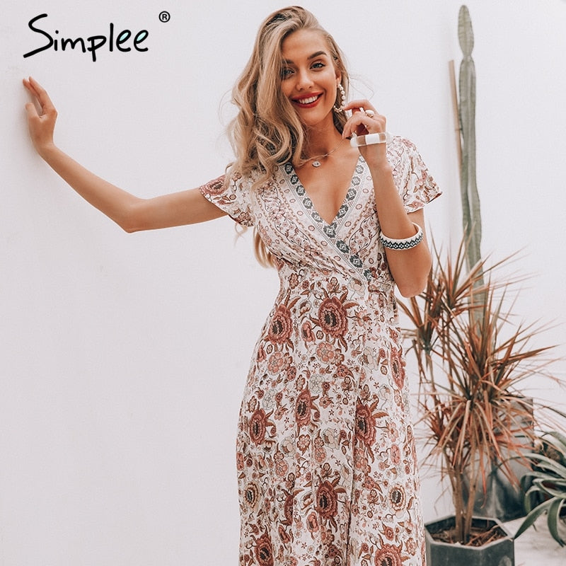 Simplee Vintage floral print summer dress Ruffle split sash sexy long dress Bohemian women dress holiday beach dress vestidos - 2bazar4