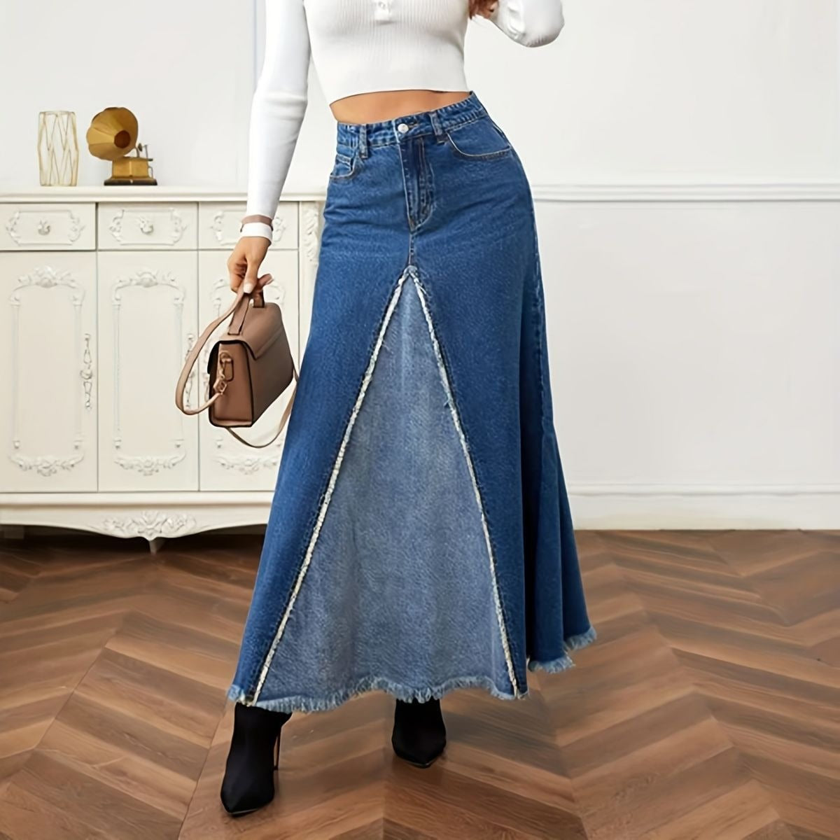 Autumn New Women's Denim Long Skirt Fashion Loose Spliced Denim Swing Skirt - 2bazar4
