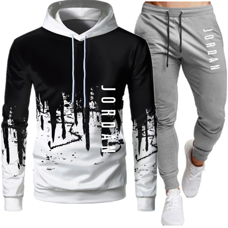 Sets Tracksuit Men Autumn Winter Hooded Sweatshirt Drawstring Outfit Sportswear Two Piece Set - 2bazar4