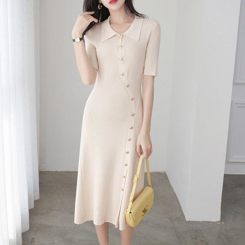 French Knitted Dress Women's Summer New Polo Neck Sexy Split Long Dress - 2bazar4