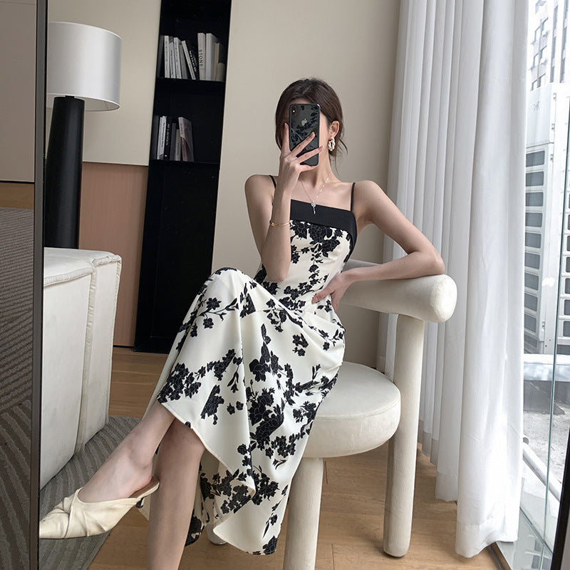 Floral Dress Summer Dress New French Style Waist Slim Temperament Goddess Fan Suspender Skirt Women - 2bazar4