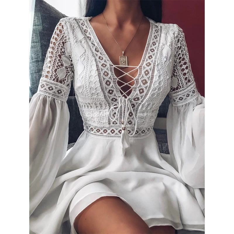 Long sleeved V-neck lace up hollowed out dress - 2bazar4