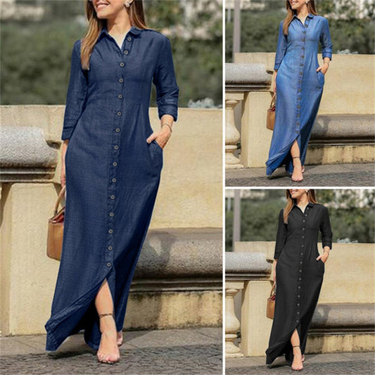 European And American Denim Dress New Shirt Collar Denim Button Dress For Ladies - 2bazar4