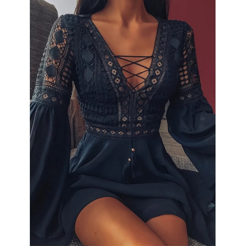 Long sleeved V-neck lace up hollowed out dress - 2bazar4