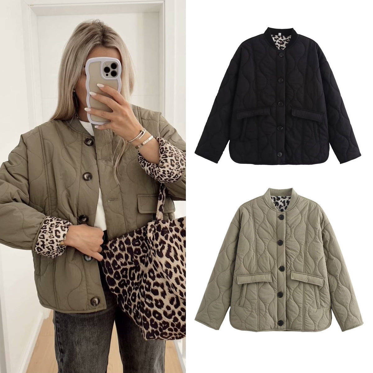 Autumn fashion new three color leopard print cotton jacket with threaded collar inside