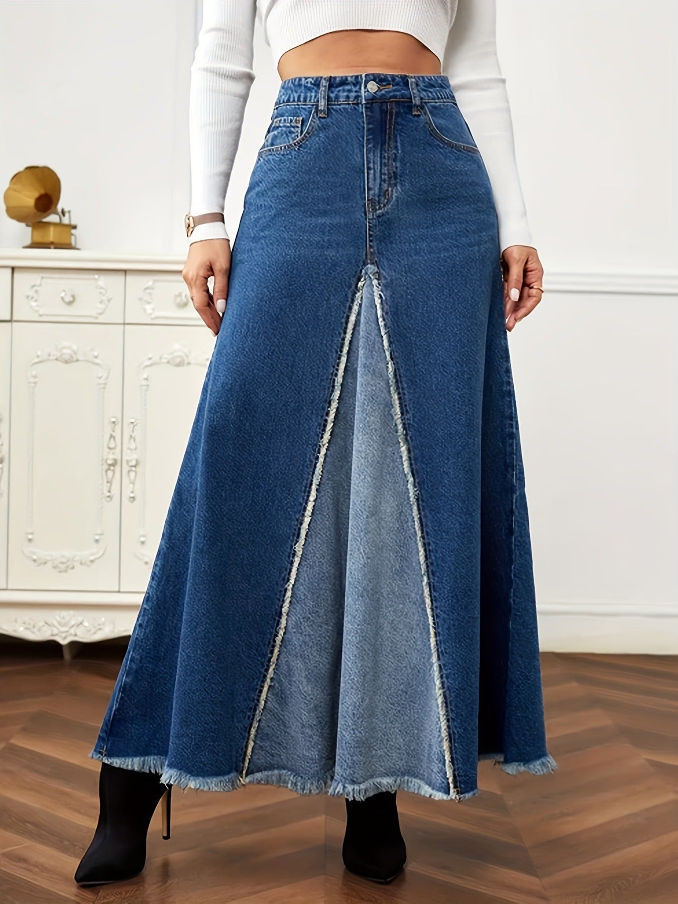 Autumn New Women's Denim Long Skirt Fashion Loose Spliced Denim Swing Skirt - 2bazar4