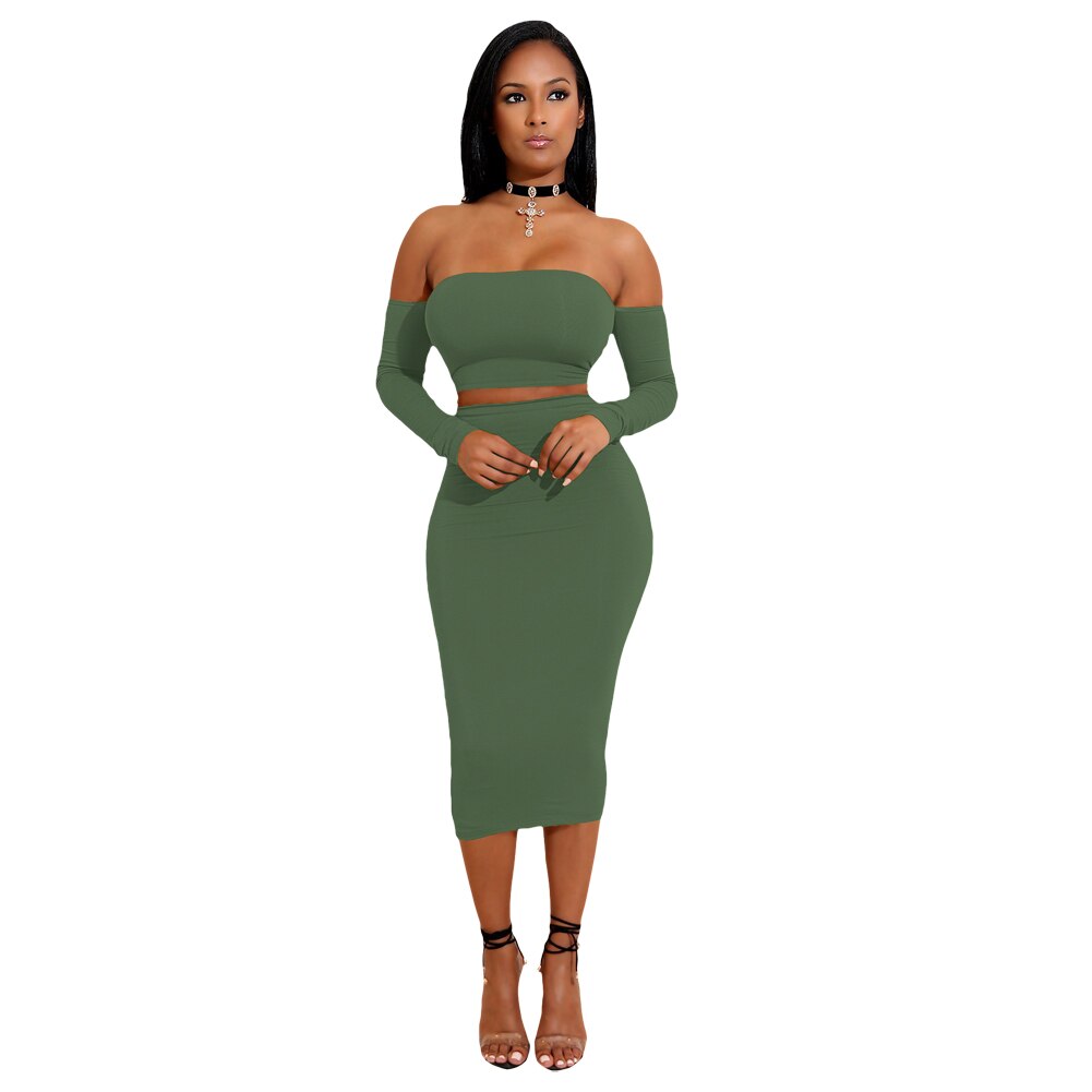 Sexy Women Two Pieces Set Off Shoulder Lace Up Back Long Sleeve Backless Crop Top Bodycon Pencil Skirt Set - 2bazar4