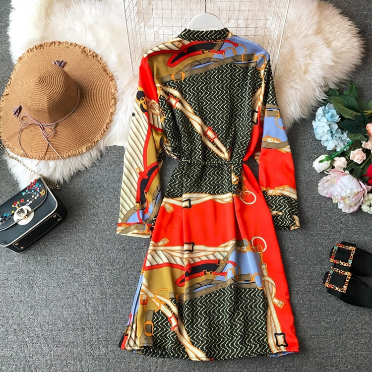 Spring Ladies Urban Chiffon Loose Printed Pleated Dress Women Fashion Festival Three Quarter Lantern Sleeves Knee-length Dress