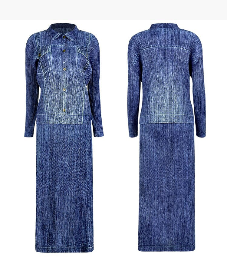 Miyake Denim Women's Korean Version Denim Shirt Spring Thin Top Slim Skirt Net Infrared Matching Suit - 2bazar4