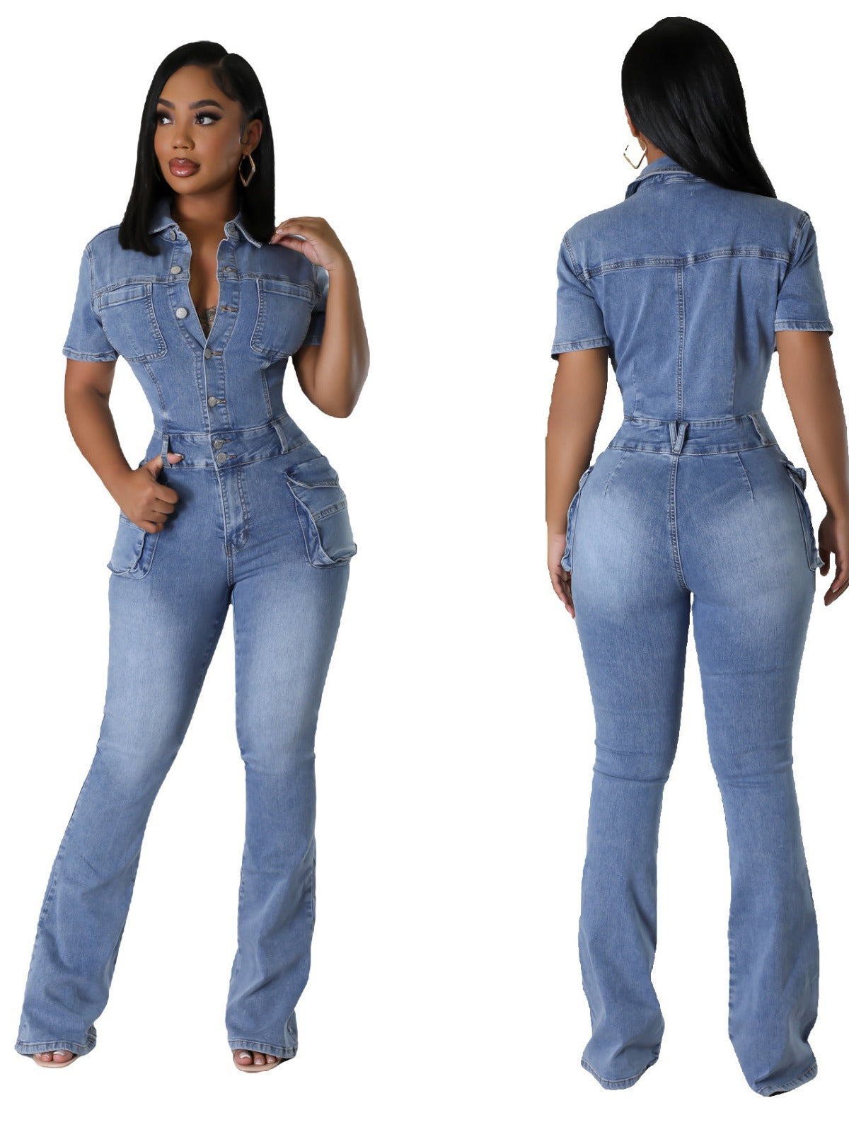 European and American tight waist slim fit elastic stir fried flower washed denim jumpsuit jumpsuit flared pants - 2bazar4