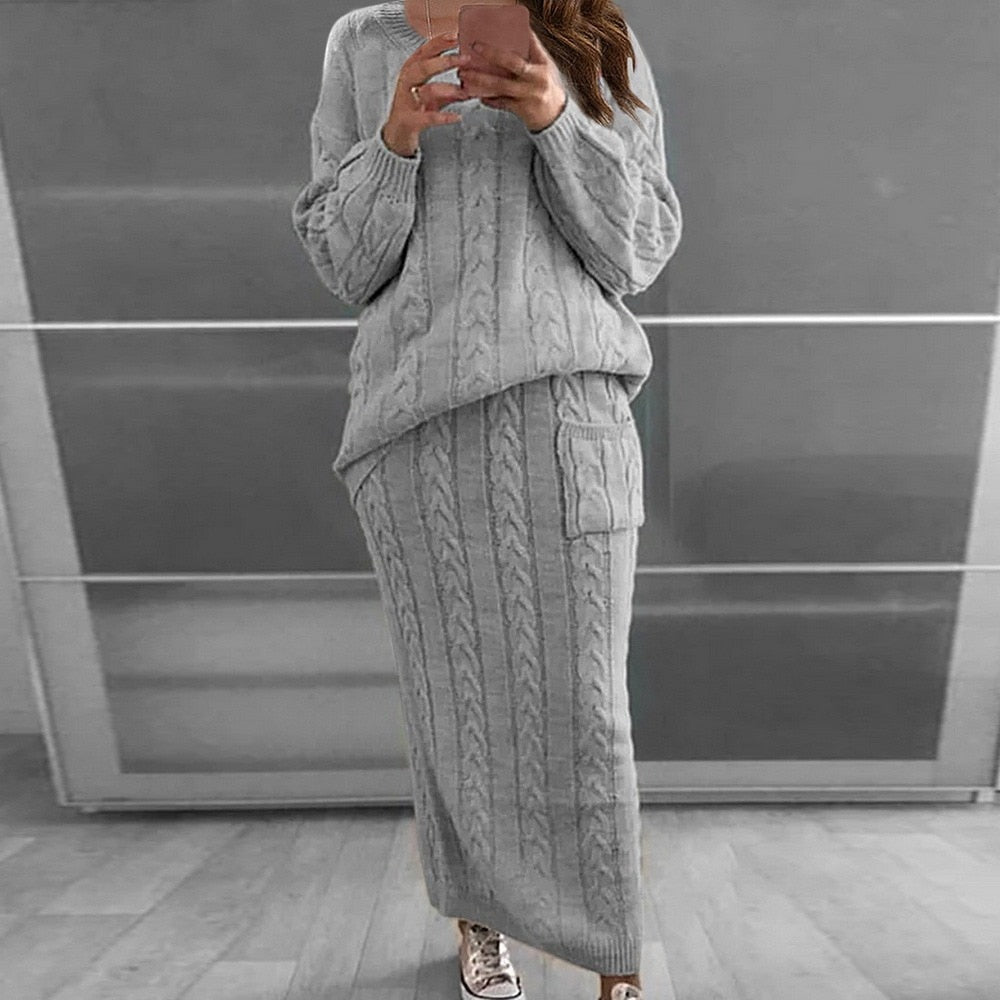 Women Winter Knitted Sweater Tops And Skirt Autumn Slim Crop Tops Women Sweater Skirts 2 Piece Sets - 2bazar4