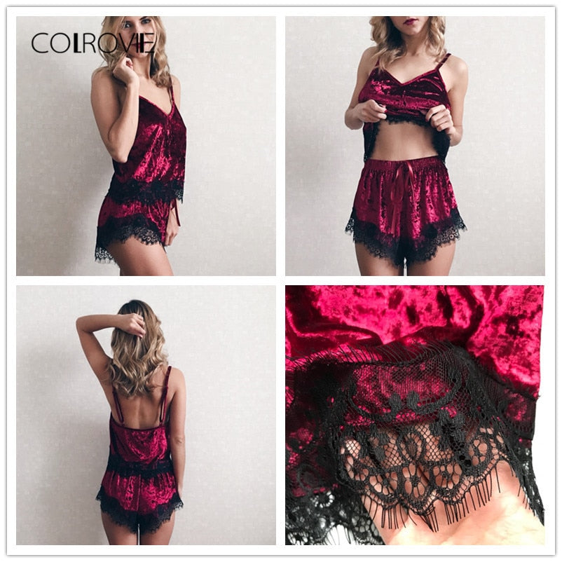 Burgundy Velvet 2 Piece Set Women Eyelash Lace Cami Top With Shorts Set Casual Sleeveless Vintage Two Piece Set - 2bazar4