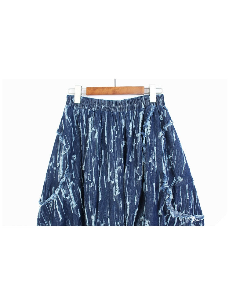 Color Contrast Denim Skirt Autumn High Waist Thin And Loose Personality Irregular Design Medium Length Skirt - 2bazar4