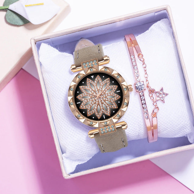 New Fashion Leather Strap Watch Women Quartz Watch Romantic Starry Sky Wrist Watch Bracelet Set for Women Gift Wrist Accessories - 2bazar4