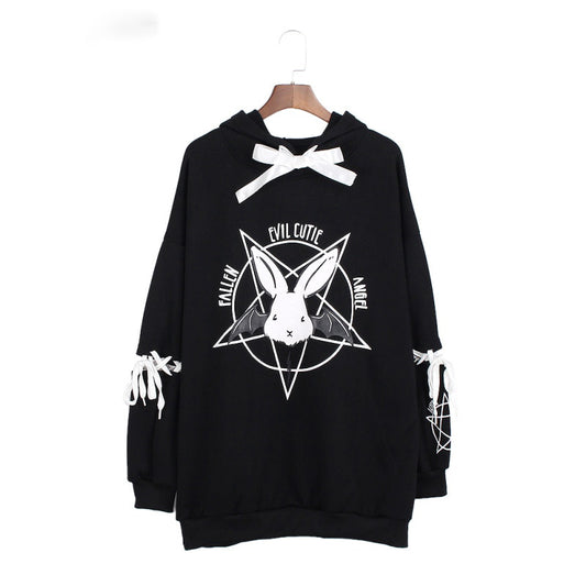 Harajuku Pentagram Print Lace Up Women Fleeces Hoodies Gothic Punk Oversize Velvet Hooded Sweatshirt Pullover Streetwear - 2bazar4