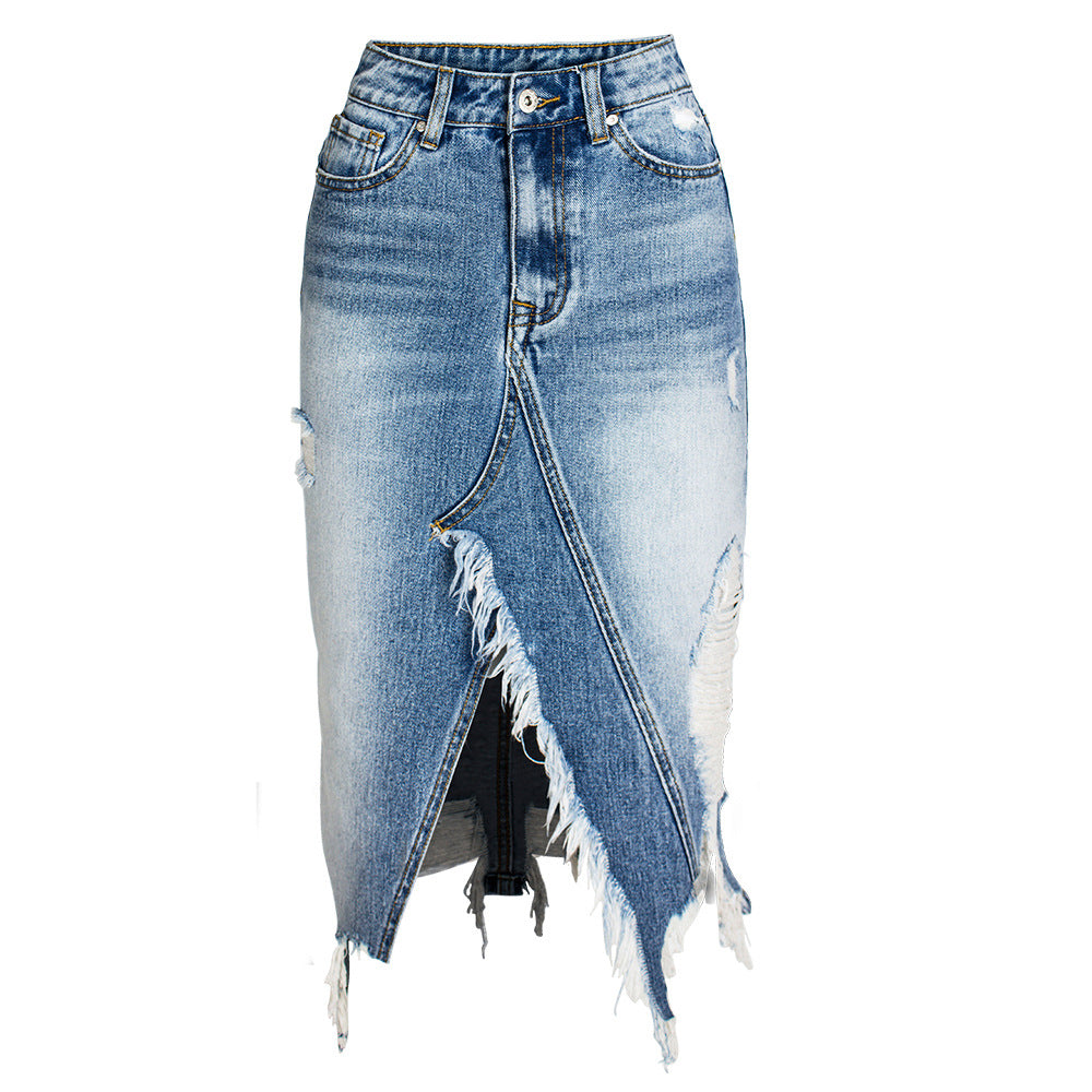 Women's Skirt Irregular Fringed Hole Denim Skirt Hip Lift Skirt Mid Skirt - 2bazar4