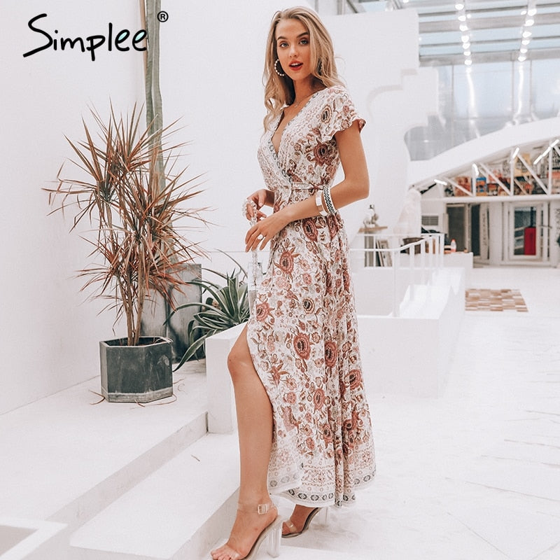 Simplee Vintage floral print summer dress Ruffle split sash sexy long dress Bohemian women dress holiday beach dress vestidos - 2bazar4