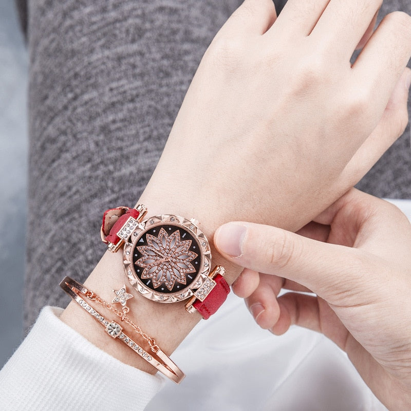 New Fashion Leather Strap Watch Women Quartz Watch Romantic Starry Sky Wrist Watch Bracelet Set for Women Gift Wrist Accessories - 2bazar4