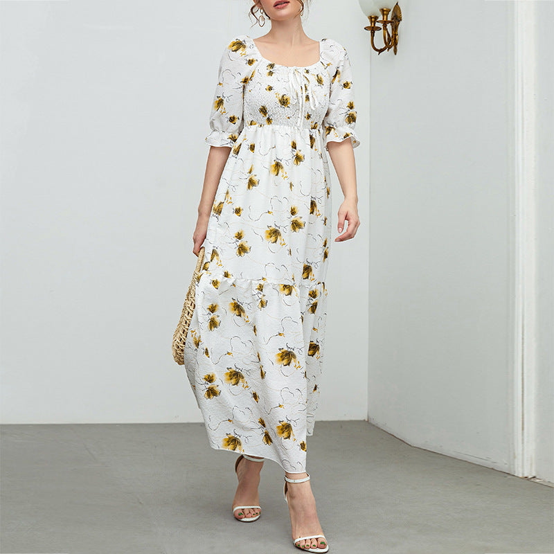 Summer Women's Floral Dress Slim Long Skirt Chiffon Pleated Skirt - 2bazar4