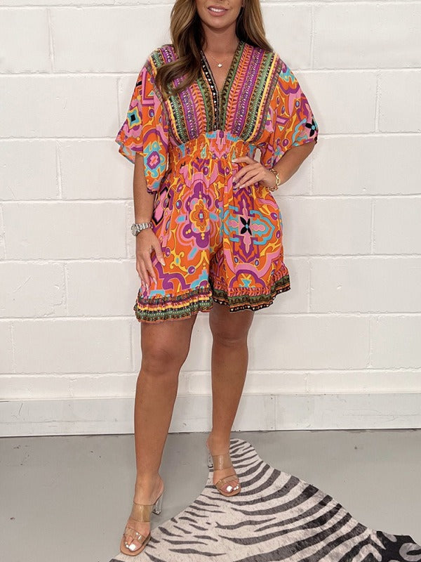 Women's short-sleeved printed V-neck ethnic style jumpsuit - 2bazar4