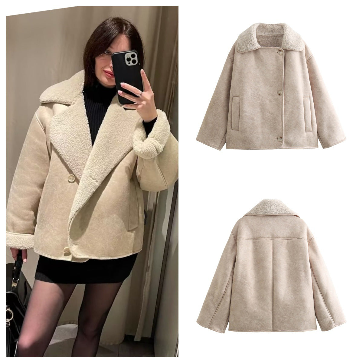 New European and American collar fur integrated suede and velvet warm jacket for women