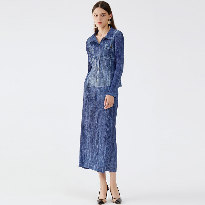 Miyake Denim Women's Korean Version Denim Shirt Spring Thin Top Slim Skirt Net Infrared Matching Suit - 2bazar4