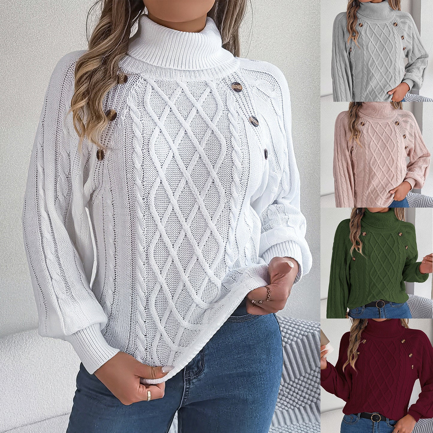 Women's autumn and winter fashion casual solid color button twist high collar lantern sleeve pullover sweater - 2bazar4